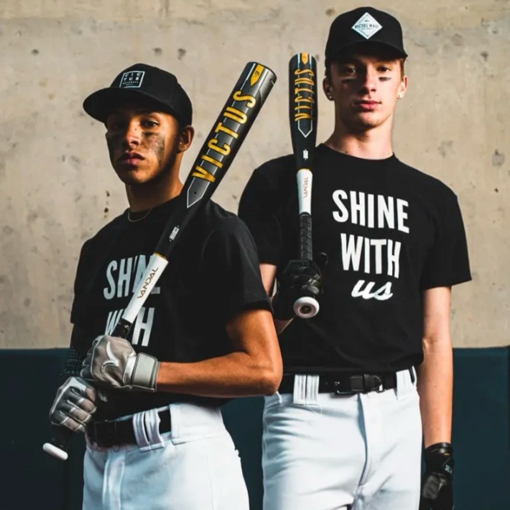NEW BASEBALL T SHIRT XL BY VICTUS BAT MENS BLACK SHINE WITH US METALLIC GOLD